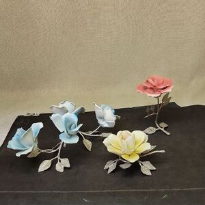 Porcelain Flower Figurines in Blue, Pink, and Yellow